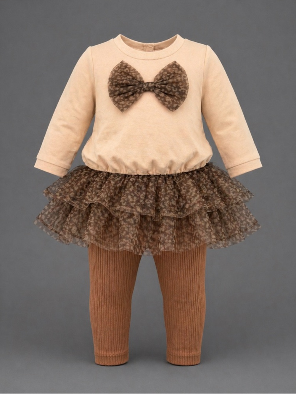 Beige & Brown Tulle animal print Bow Baby Dress Set size 24 months Nicole Miller